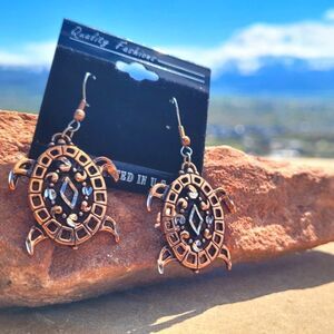🐢 New! Copper Sea Turtle Dangle Earrings with Shiny Bling Inlay